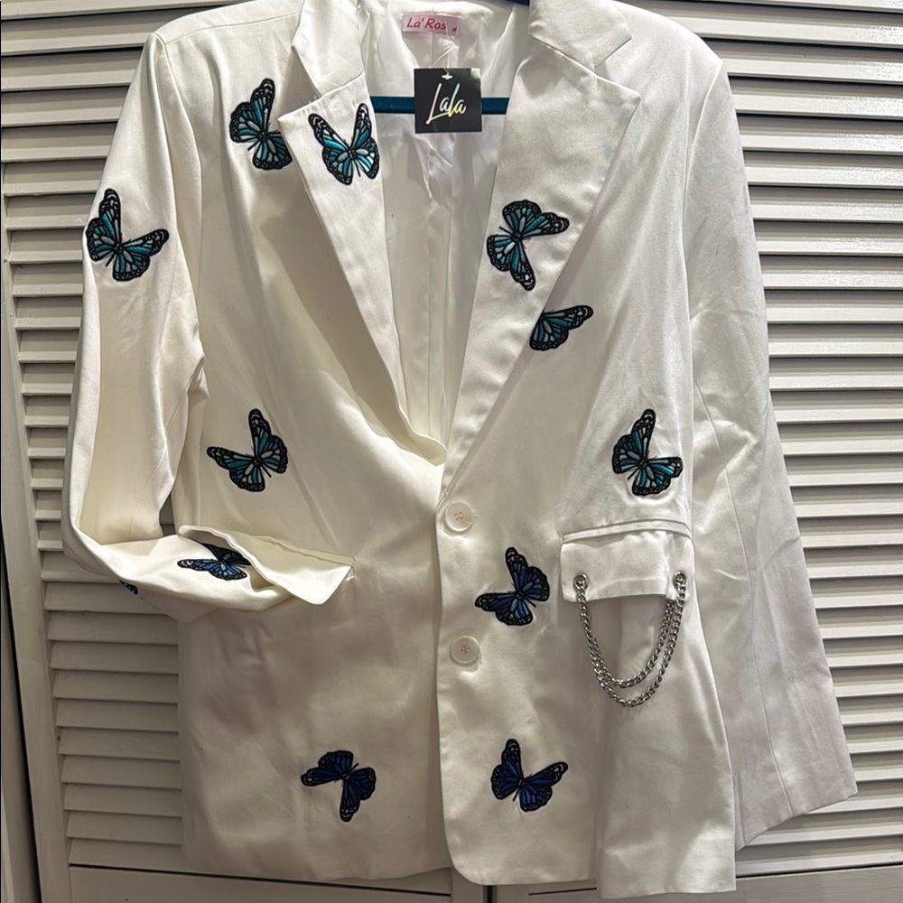 White and Blue Butterfly Print Blazer with Chains